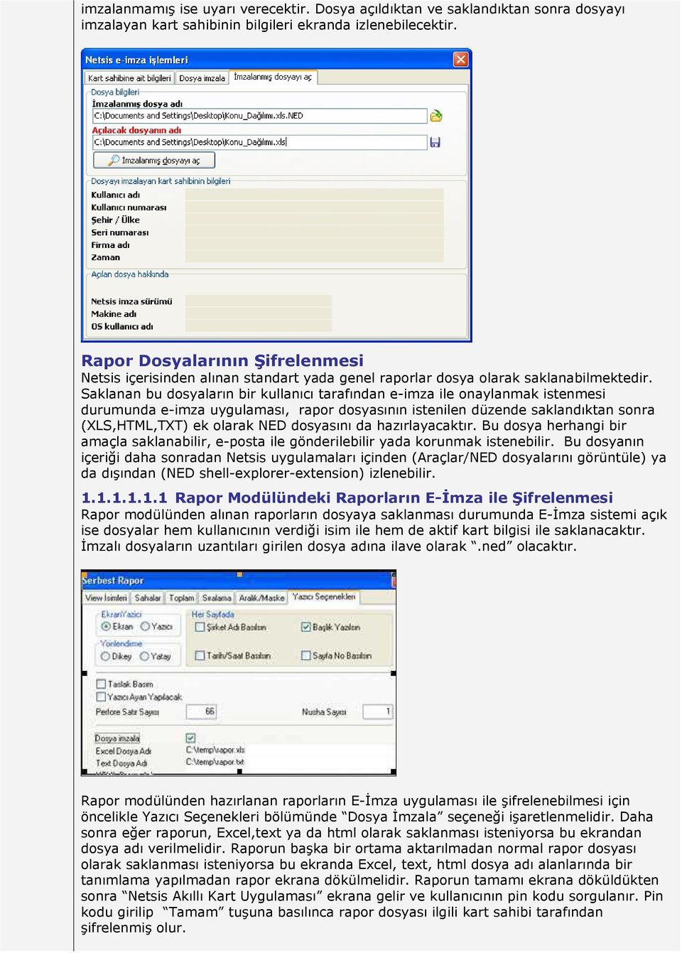 Saklanan bu dosyaların bir kullanıcı tarafından e-imza ile onaylanmak istenmesi durumunda e-imza uygulaması, rapor dosyasının istenilen düzende saklandıktan sonra (XLS,HTML,TXT) ek olarak NED