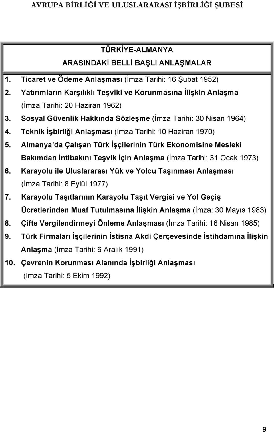 Teknik İşbirliği Anlaşması (İmza Tarihi: 10 Haziran 1970) 5. Almanya da Çalışan Türk İşçilerinin Türk Ekonomisine Mesleki Bakımdan İntibakını Teşvik İçin Anlaşma (İmza Tarihi: 31 Ocak 1973) 6.