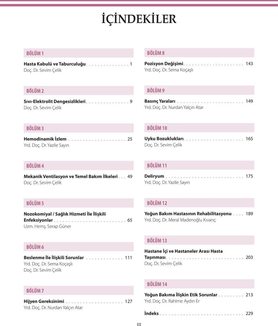 .................... 165 Doç. Dr. Sevim Çelik BÖLÜM 4 Mekanik Ventilasyon ve Temel Bakım İlkeleri... 49 Doç. Dr. Sevim Çelik BÖLÜM 11 Deliryum........................... 175 Yrd. Doç. Dr. Yazile Sayın BÖLÜM 5 Nozokomiyal / Sağlık Hizmeti İle İlişkili Enfeksiyonlar.
