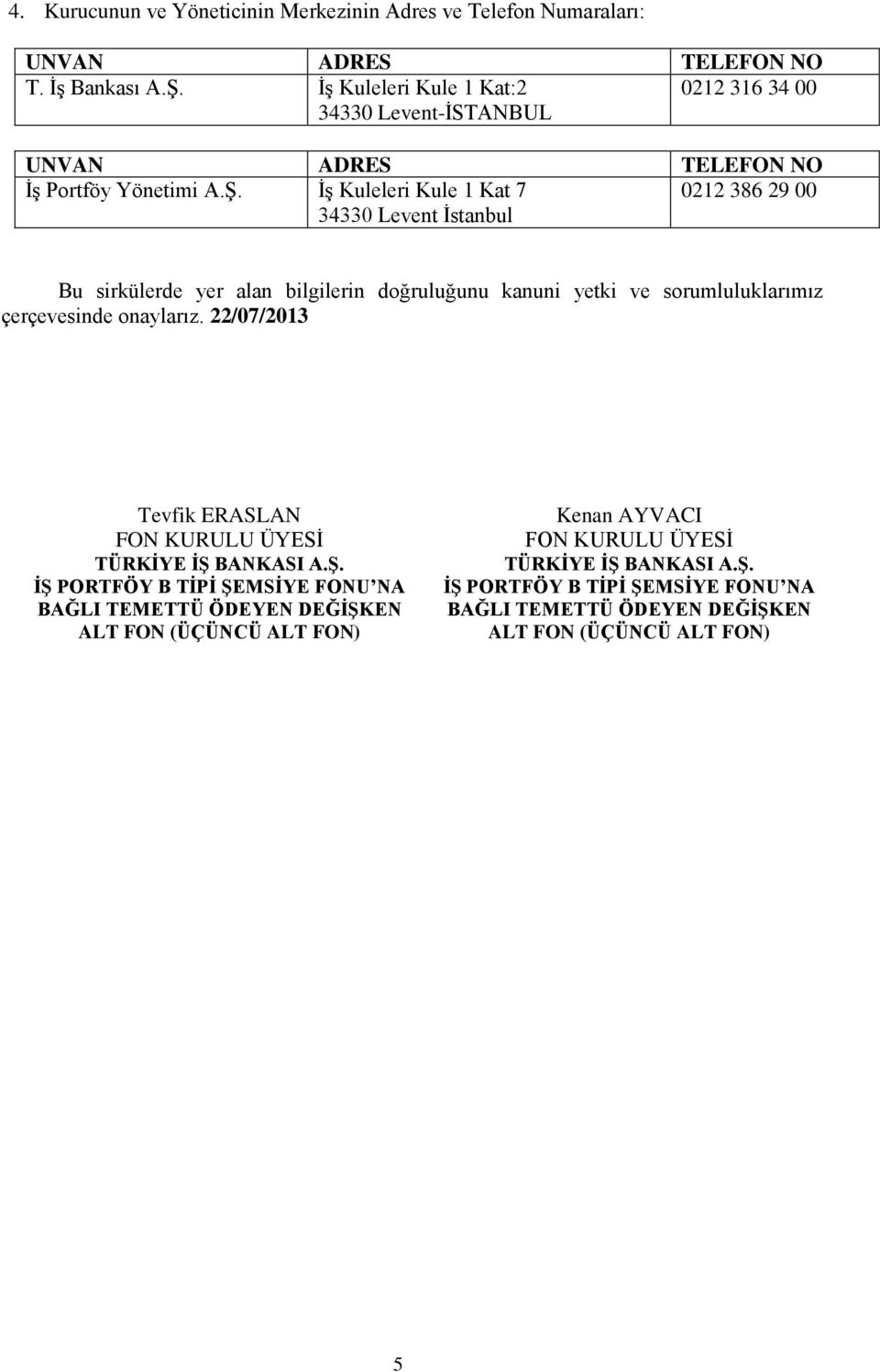 İş Kuleleri Kule 1 Kat 7 0212 386 29 00 34330 Levent İstanbul Bu sirkülerde yer alan bilgilerin doğruluğunu kanuni yetki ve sorumluluklarımız çerçevesinde