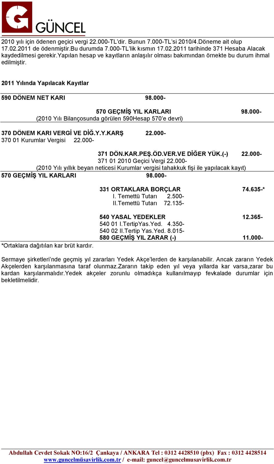 000- (2010 Yılı Bilançosunda görülen 590Hesap 570 e devri) 370 DÖNEM KARI VERGİ VE DİĞ.Y.Y.KARŞ 22.000-370 01 Kurumlar Vergisi 22.000-371 DÖN.KAR.PEŞ.ÖD.VER.VE DİĞER YÜK.(-) 22.