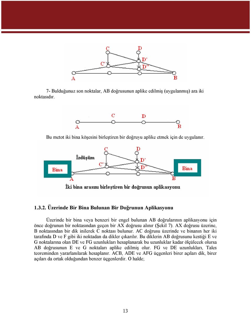 7). AX doğrusu üzerine, B noktasından bir dik inilerek C noktası bulunur. AC doğrusu üzerinde ve binanın her iki tarafında D ve F gibi iki noktadan da dikler çıkarılır.