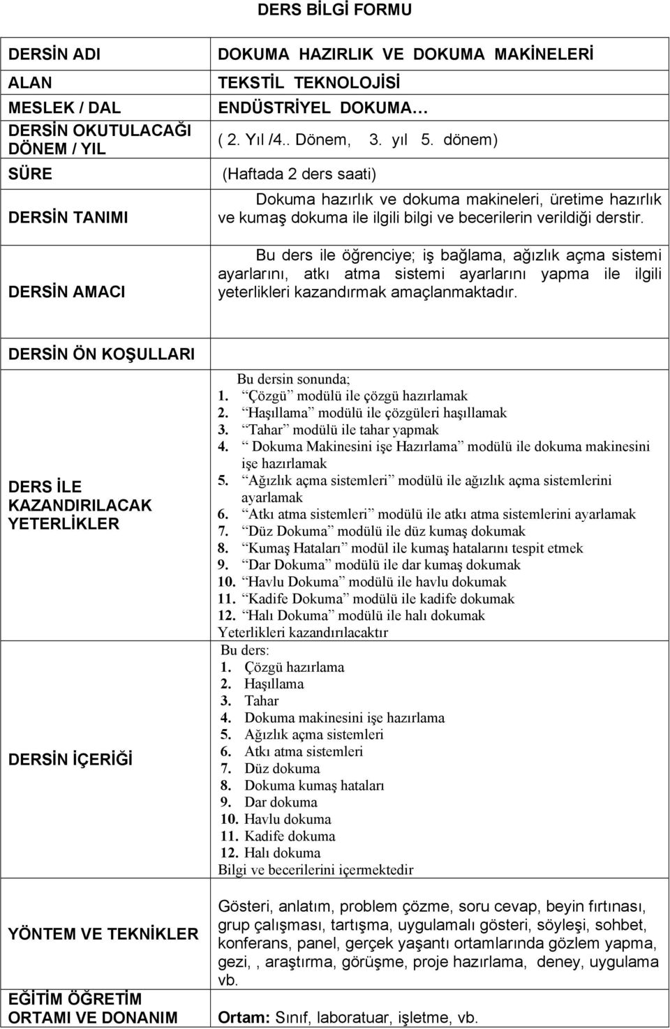 Bu ders ile öğrenciye; iş bağlama, ağızlık açma sistemi ayarlarını, atkı atma sistemi ayarlarını yapma ile ilgili yeterlikleri kazandırmak amaçlanmaktadır.