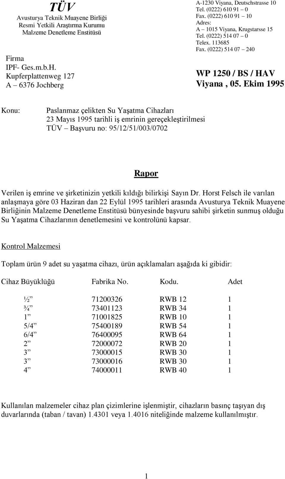 Ekim 1995 Konu: Paslanmaz çelikten Su Yaşatma Cihazları 23 Mayıs 1995 tarihli iş emrinin gereçekleştirilmesi TÜV Başvuru no: 95/12/51/003/0702 Rapor Verilen iş emrine ve şirketinizin yetkili kıldığı