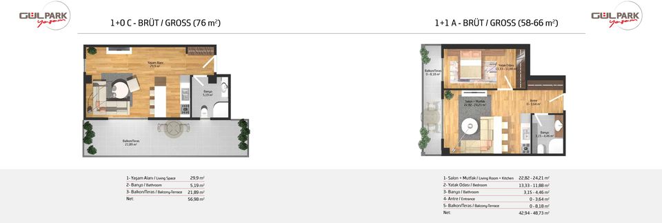 Mutfak / Living Room + Kitchen 22,82-24,21 m 2 2- / Bathroom 5,19 m 2 2- / Bedroom 13,33-11,88 m 2 3- / Balcony-Terrace