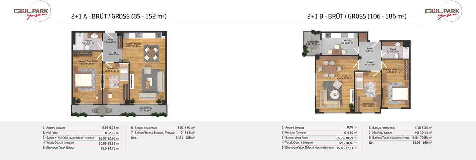 Entrance 8,48 m 2 6- / Bathroom 5,18-5,33 m 2 2- Hol / Hall 0-2,25 m 2 7- / Balcony-Terrace 0-51,5 m 2 2- Koridor / Corridor 0-4,35 m 2 7- Mutfak / Kitchen 9,8-10,14 m 2 3- Salon + Mutfak / Living