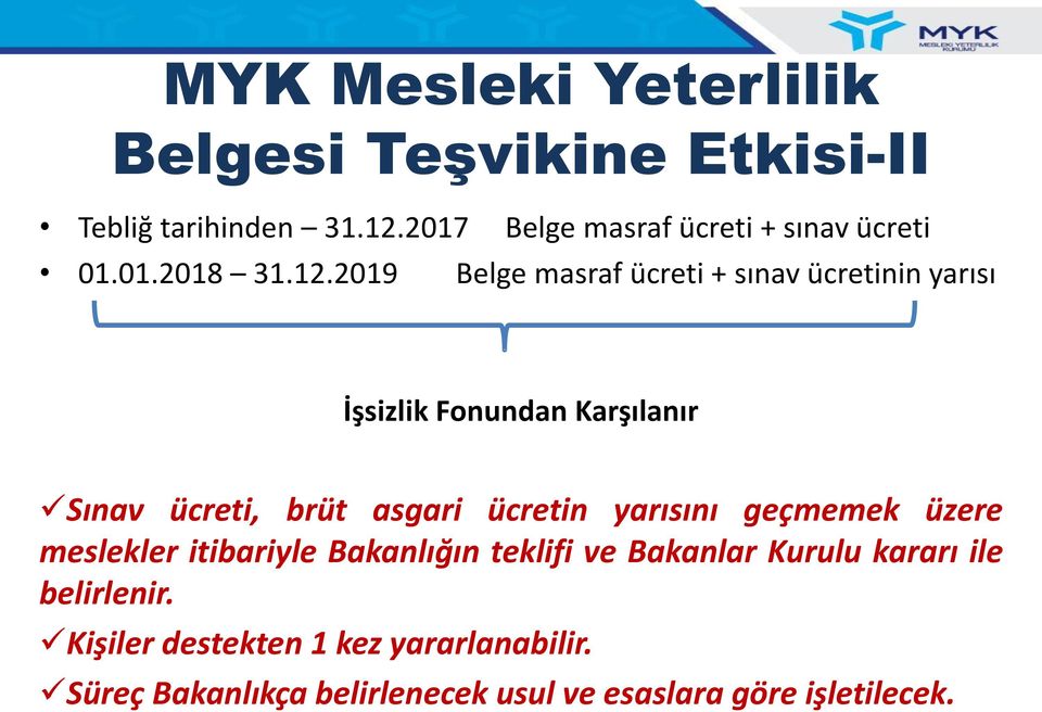 2019 Belge masraf ücreti + sınav ücretinin yarısı İşsizlik Fonundan Karşılanır Sınav ücreti, brüt asgari ücretin