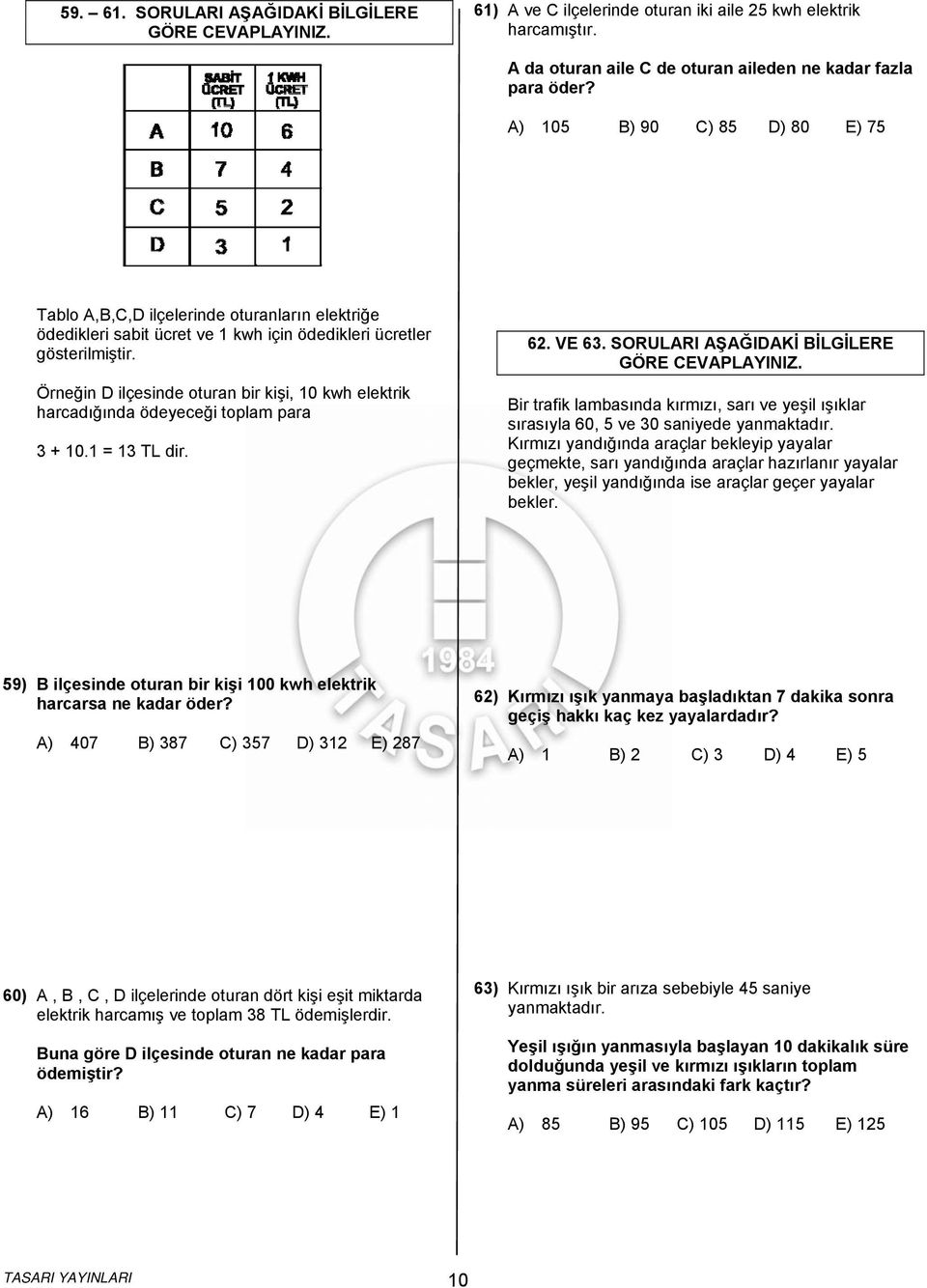 Örneğin D ilçesinde oturan bir kişi, 10 kwh elektrik harcadığında ödeyeceği toplam para + 10.1 = 1 TL dir. 62. VE 6.