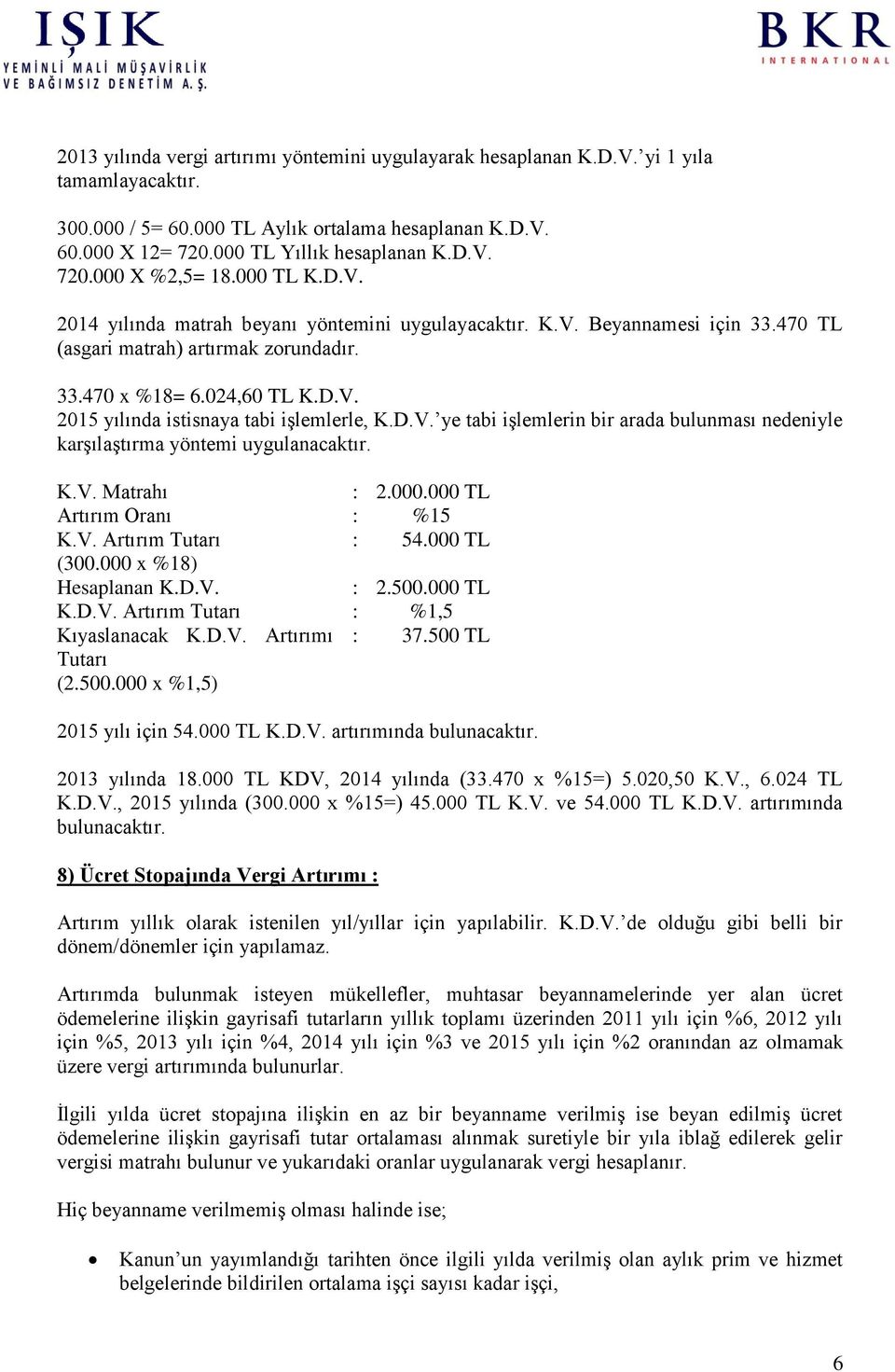 D.V. ye tabi işlemlerin bir arada bulunması nedeniyle karşılaştırma yöntemi uygulanacaktır. K.V. Matrahı : 2.000.000 TL Artırım : %15 K.V. Artırım Tutarı : 54.000 TL (300.000 x %18) Hesaplanan K.D.V. : 2.500.