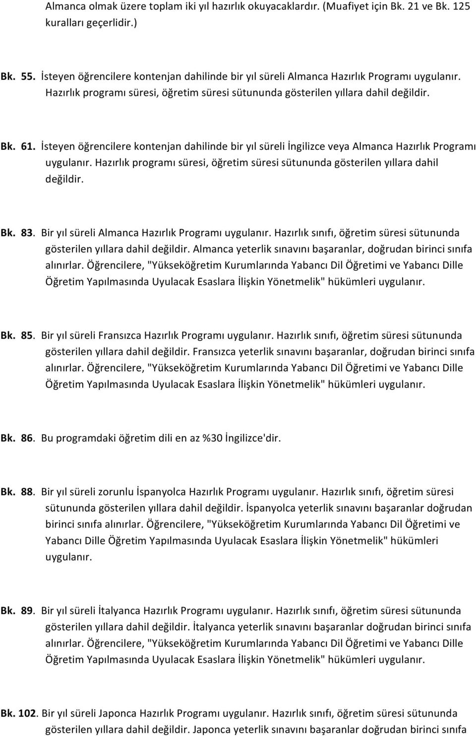 İsteyen öğrencilere kontenjan dahilinde bir yıl süreli İngilizce veya Almanca Hazırlık Programı uygulanır. Hazırlık programı süresi, öğretim süresi sütununda gösterilen yıllara dahil değildir. Bk. 83.