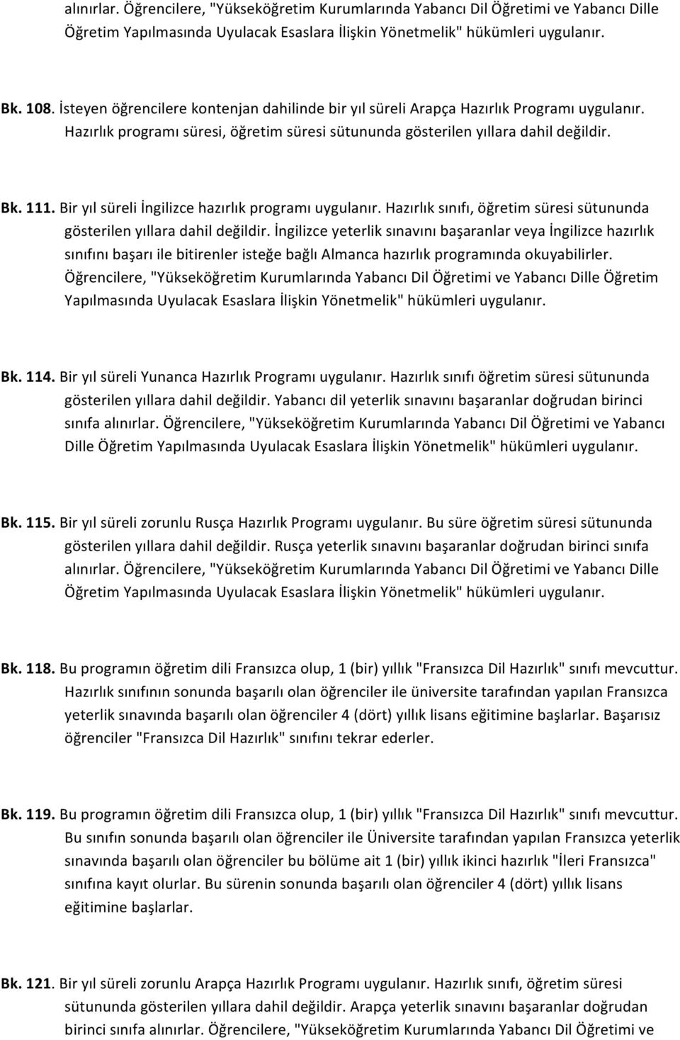 Bir yıl süreli İngilizce hazırlık programı uygulanır. Hazırlık sınıfı, öğretim süresi sütununda gösterilen yıllara dahil değildir.