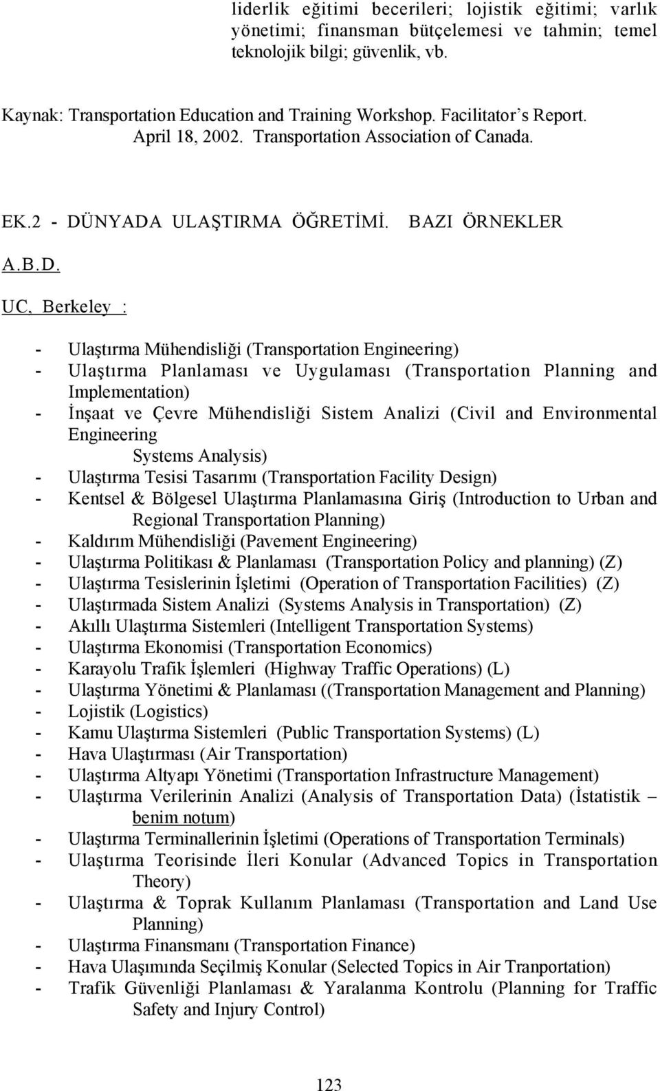 NYADA ULAŞTIRMA ÖĞRETİMİ. BAZI ÖRNEKLER A.B.D. UC, Berkeley : - Ulaştõrma Mühendisliği (Transportation Engineering) - Ulaştõrma Planlamasõ ve Uygulamasõ (Transportation Planning and Implementation) -