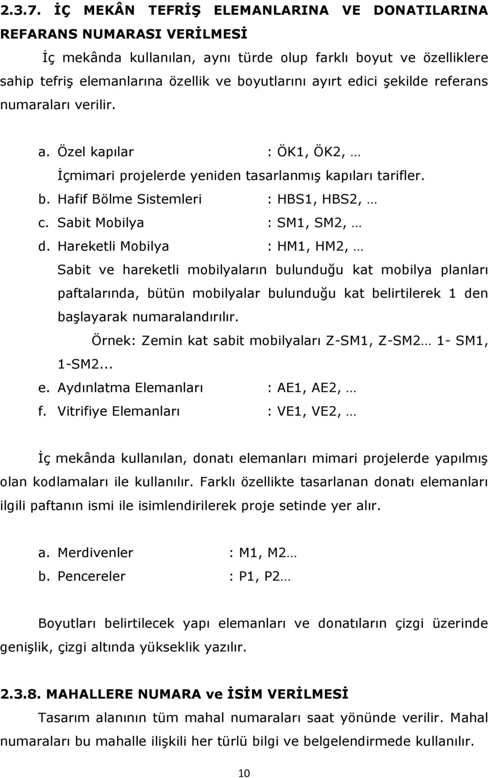 edici şekilde referans numaraları verilir. a. Özel kapılar : ÖK1, ÖK2, İçmimari projelerde yeniden tasarlanmış kapıları tarifler. b. Hafif Bölme Sistemleri : HBS1, HBS2, c.