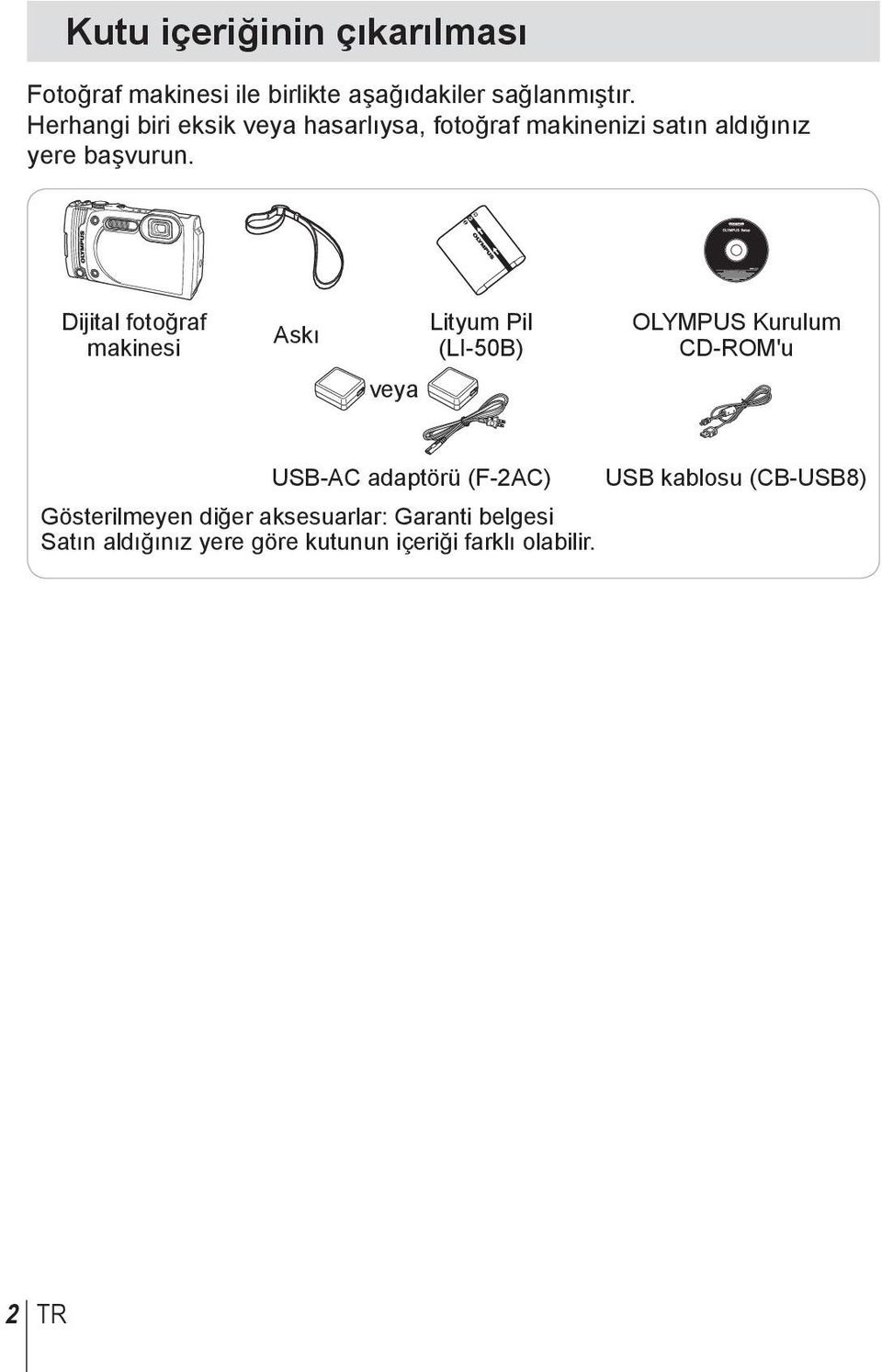 Dijital fotoğraf makinesi Askı Lityum Pil (LI-50B) OLYMPUS Kurulum CD-ROM'u veya USB-AC adaptörü