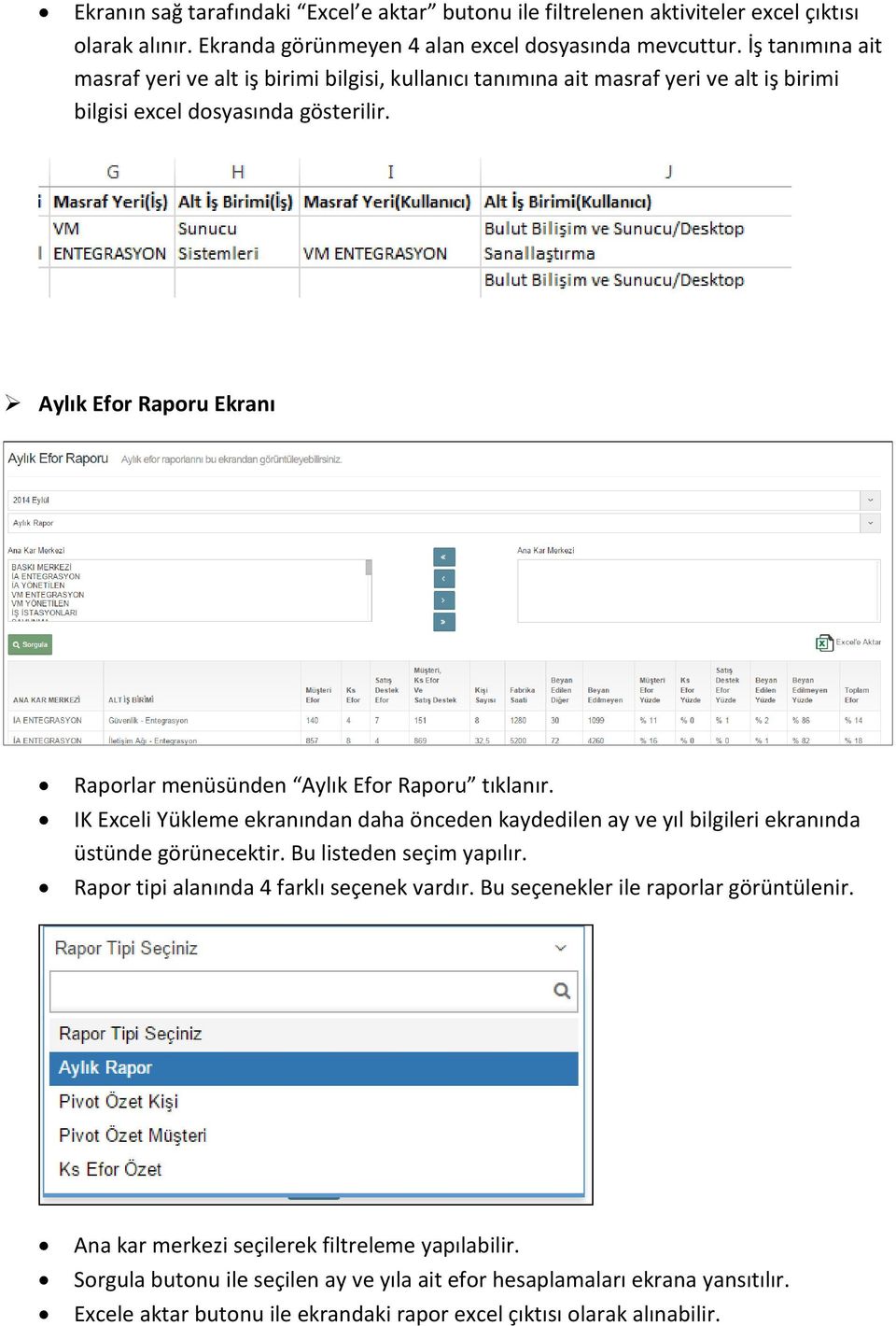 Aylık Efor Raporu Ekranı Raporlar menüsünden Aylık Efor Raporu tıklanır. IK Exceli Yükleme ekranından daha önceden kaydedilen ay ve yıl bilgileri ekranında üstünde görünecektir.