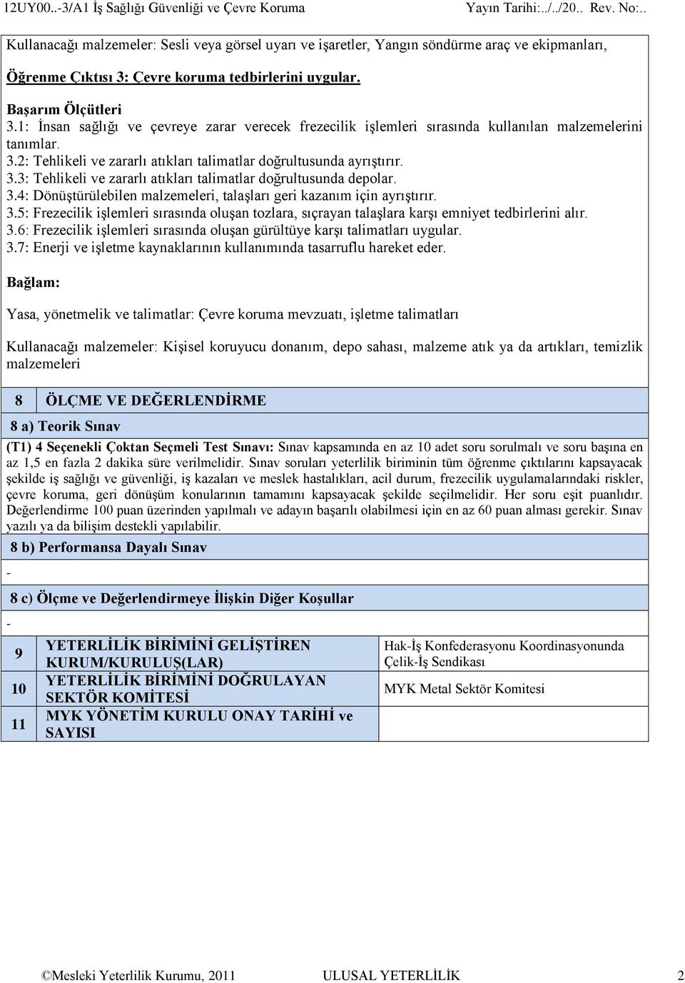 Çevre koruma tedbirlerini uygular. 3.1: İnsan sağlığı ve çevreye zarar verecek frezecilik işlemleri sırasında kullanılan malzemelerini tanımlar. 3.2: Tehlikeli ve zararlı atıkları talimatlar doğrultusunda ayrıştırır.