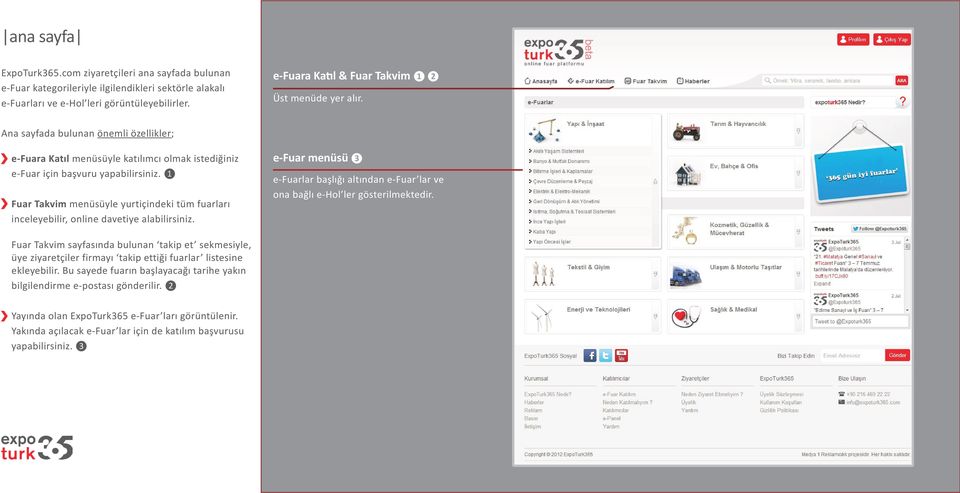 ❶ Fuar Takvim menüsüyle yurtiçindeki tüm fuarları inceleyebilir, online davetiye alabilirsiniz. e-fuar menüsü ❸ e-fuarlar başlığı altından e-fuar lar ve ona bağlı e-hol ler gösterilmektedir.