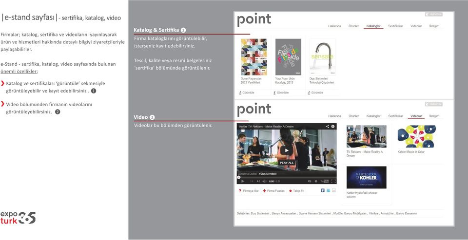 e-stand - sertifika, katalog, video sayfasında bulunan önemli özellikler; Katalog & Sertifika ❶ Firma kataloglarını görüntülebilir, isterseniz kayıt