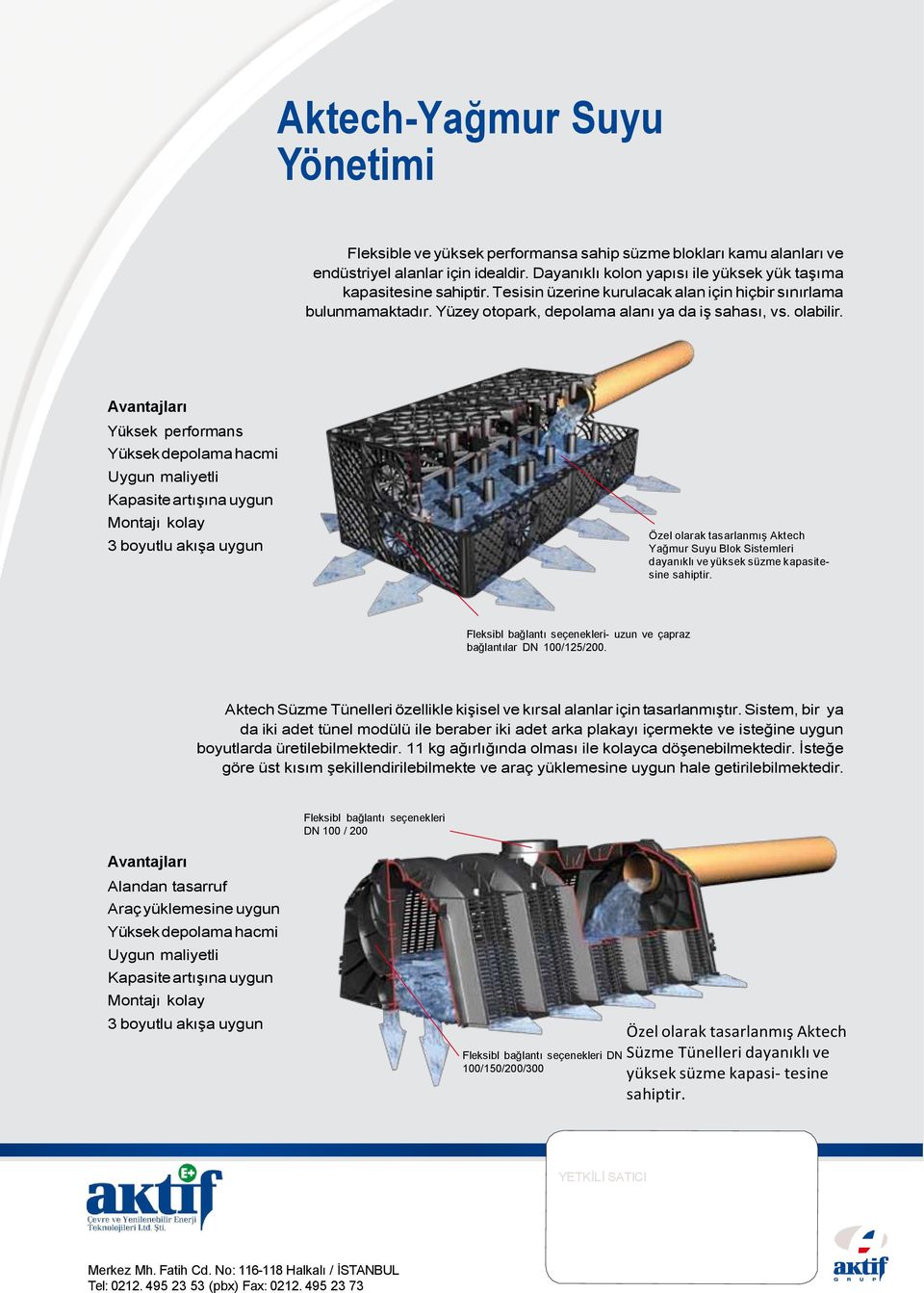 Avantajları Yüksek performans Yüksek depolama hacmi Uygun maliyetli Kapasite artışına uygun Montajı kolay 3 boyutlu akışa uygun Özel olarak tasarlanmış Aktech Yağmur Suyu Blok Sistemleri dayanıklı ve