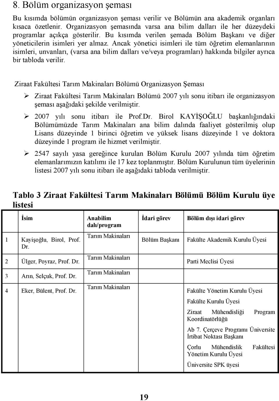 Ancak yönetici isimleri ile tüm öğretim elemanlarının isimleri, unvanları, (varsa ana bilim dalları ve/veya programları) hakkında bilgiler ayrıca bir tabloda verilir.