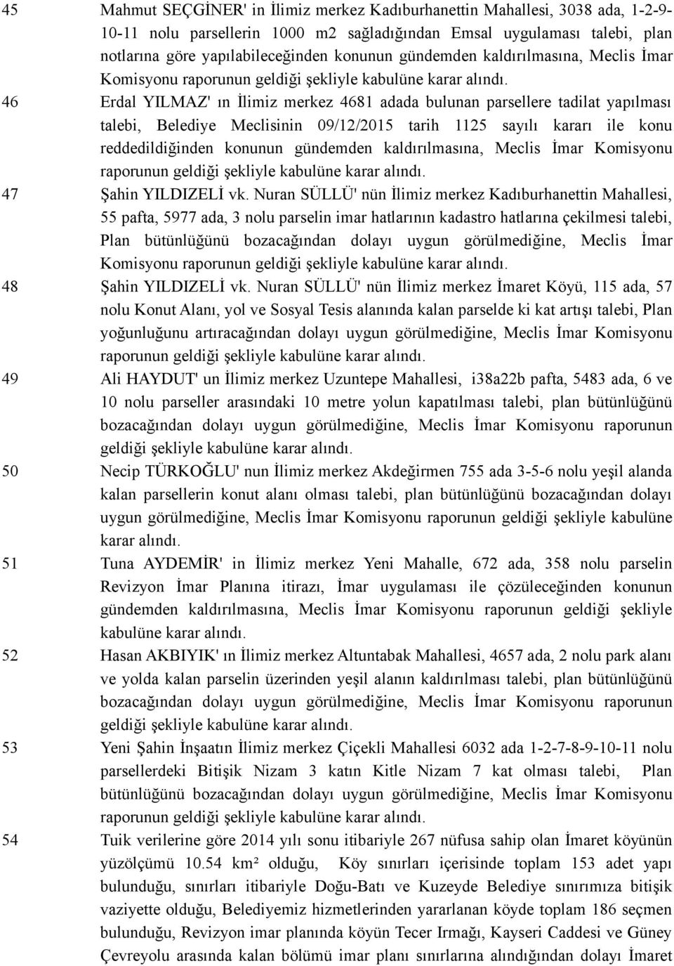 konu reddedildiğinden konunun gündemden kaldırılmasına, Meclis İmar Komisyonu 47 Şahin YILDIZELİ vk.