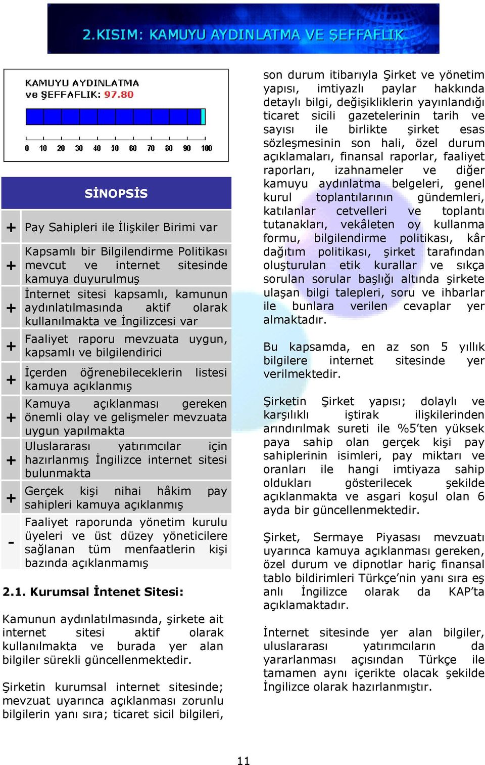 mevzuata uygun yapılmakta Uluslararası yatırımcılar için hazırlanmış İngilizce internet sitesi bulunmakta Gerçek kişi nihai hâkim pay sahipleri kamuya açıklanmış Faaliyet raporunda yönetim kurulu