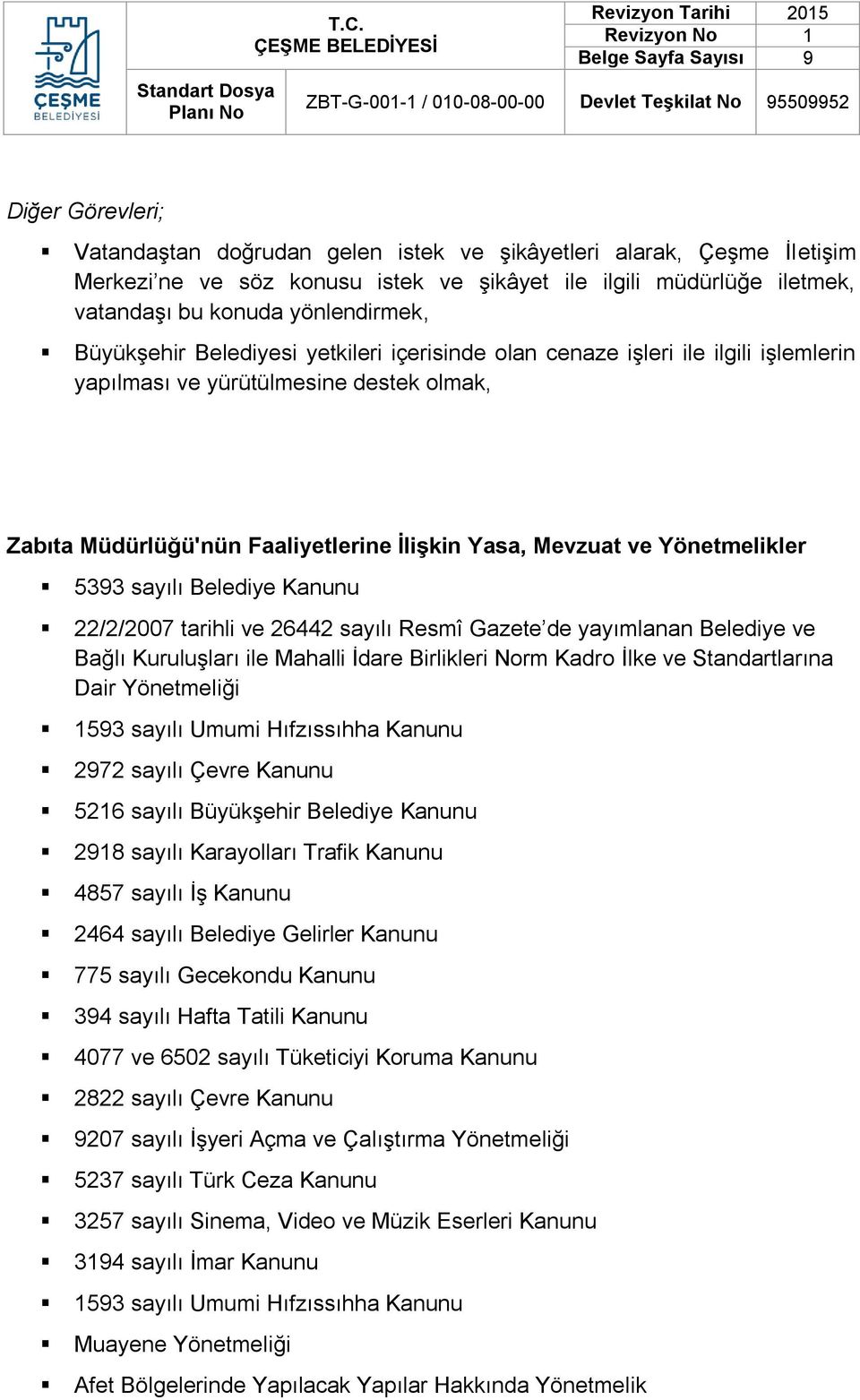 5393 sayılı Belediye Kanunu 22/2/2007 tarihli ve 26442 sayılı Resmî Gazete de yayımlanan Belediye ve Bağlı Kuruluşları ile Mahalli İdare Birlikleri Norm Kadro İlke ve Standartlarına Dair Yönetmeliği