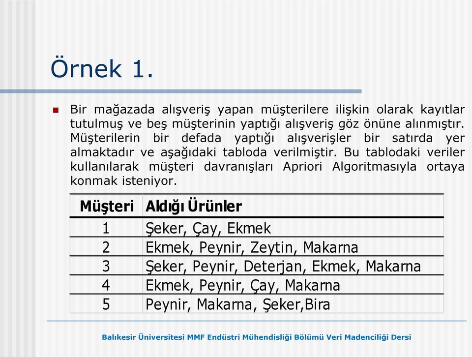 Müşterilerin bir defada yaptığı alışverişler bir satırda yer almaktadır ve aşağıdaki tabloda verilmiştir.