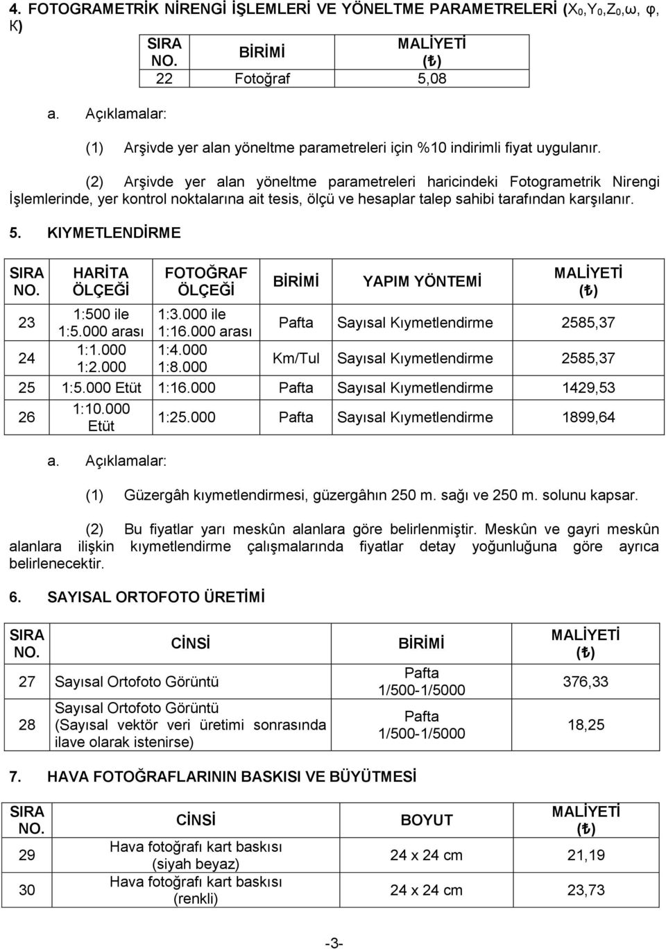 KIYMETLENDİRME HARİTA ÖLÇEĞİ FOTOĞRAF ÖLÇEĞİ YAPIM YÖNTEMİ 23 1:500 ile 1:3.000 ile 1:5.000 arası 1:16.000 arası Pafta Sayısal Kıymetlendirme 2585,37 24 1:1.000 1:4.000 1:2.000 1:8.