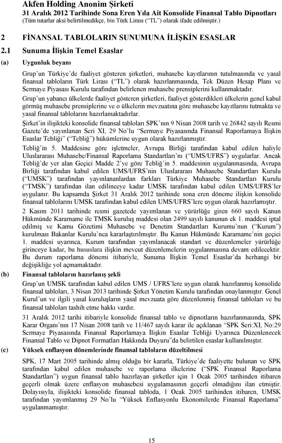 hazırlanmasında, Tek Düzen Hesap Planı ve Sermaye Piyasası Kurulu tarafından belirlenen muhasebe prensiplerini kullanmaktadır.