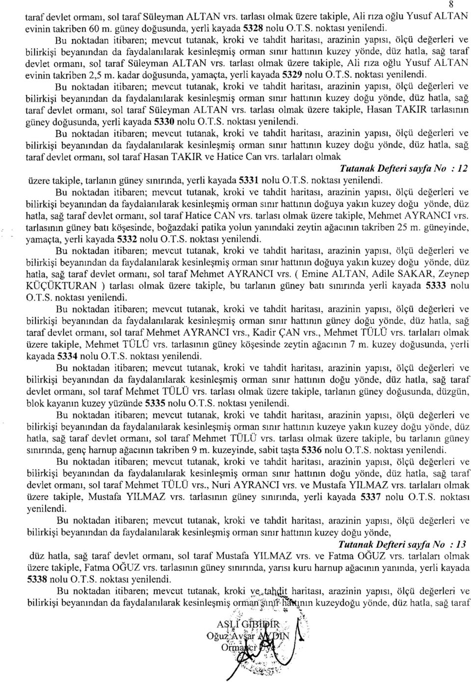 tarlası olmak üzere takiple, Ali rıza oğlu Yusuf ALTAN evinin takriben 2,5 m. kadar doğusunda, yamaçta, yerli kayada 5329 nolu O.T.S. noktası yenilendi.