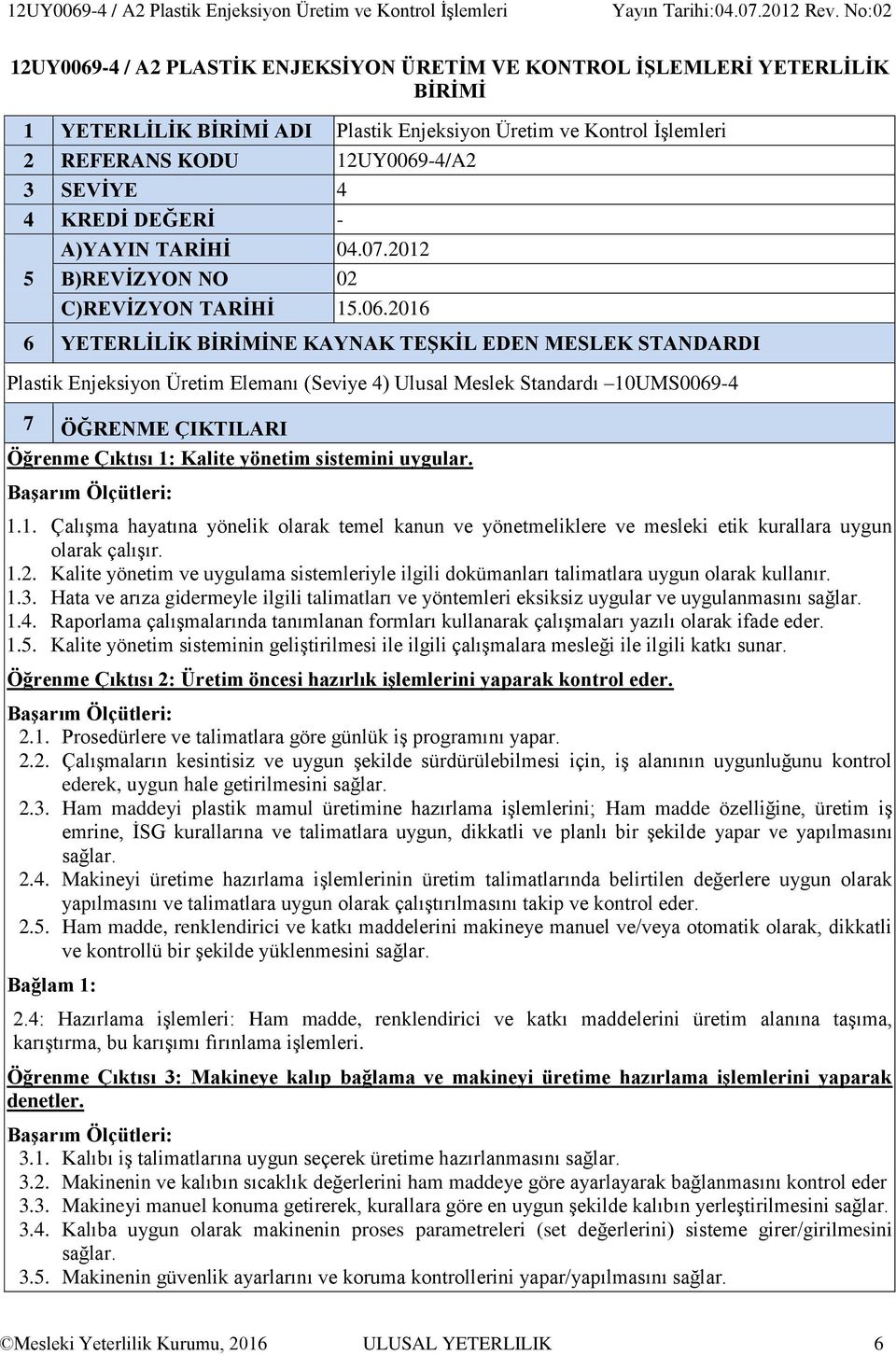 -4/A2 3 SEVİYE 4 4 KREDİ DEĞERİ - A)YAYIN TARİHİ 04.07.2012 5 B)REVİZYON NO 02 C)REVİZYON TARİHİ 15.06.