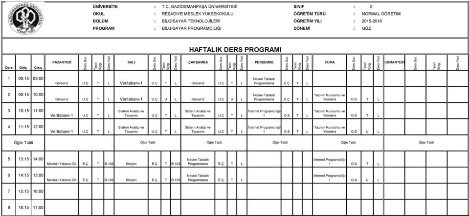 GÜZ HAFALIK DERS PROGRAMI Giriş Çıkış PAZARESİ eori eori eori eori eori RESİ eori 1 08:15 09:00 Görsel-2 U.Ç L Veritabanı-1 U.Ç L Görsel-2 U.Ç L Nesne abanlı Programlama E.Ç L Görsel-2 U.Ç L Veritabanı-1 U.Ç U L Görsel-2 U.