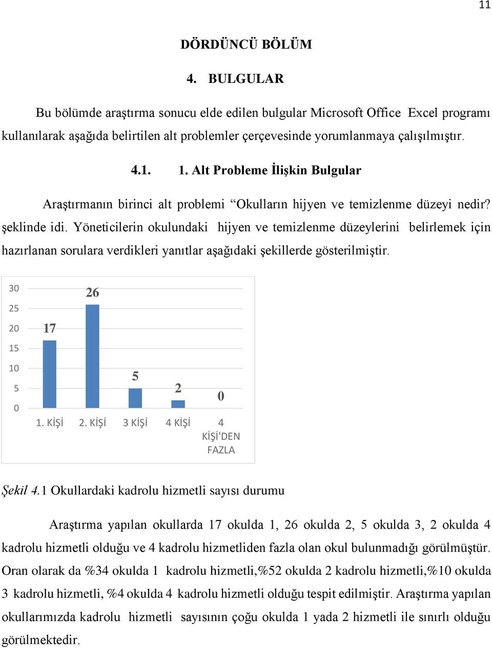 Yöneticilerin okulundaki hijyen ve temizlenme düzeylerini belirlemek için hazırlanan sorulara verdikleri yanıtlar aşağıdaki şekillerde gösterilmiştir. 3 2 2 1 17 26 1 1. KİŞİ 2.