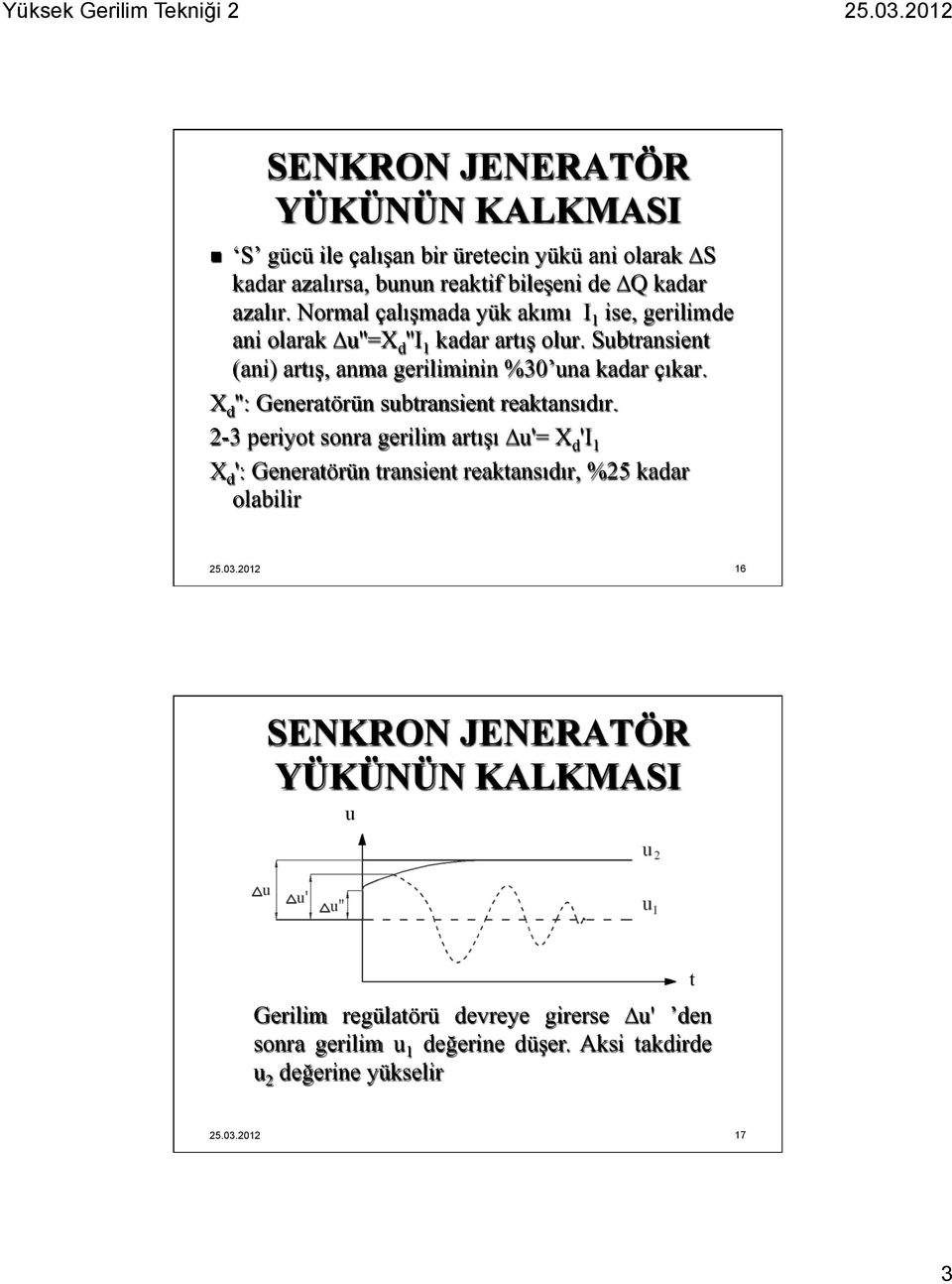 Subtransient (ani) artış, anma geriliminin %30 una kadar çıkar. X d '': Generatörün subtransient reaktansıdır.