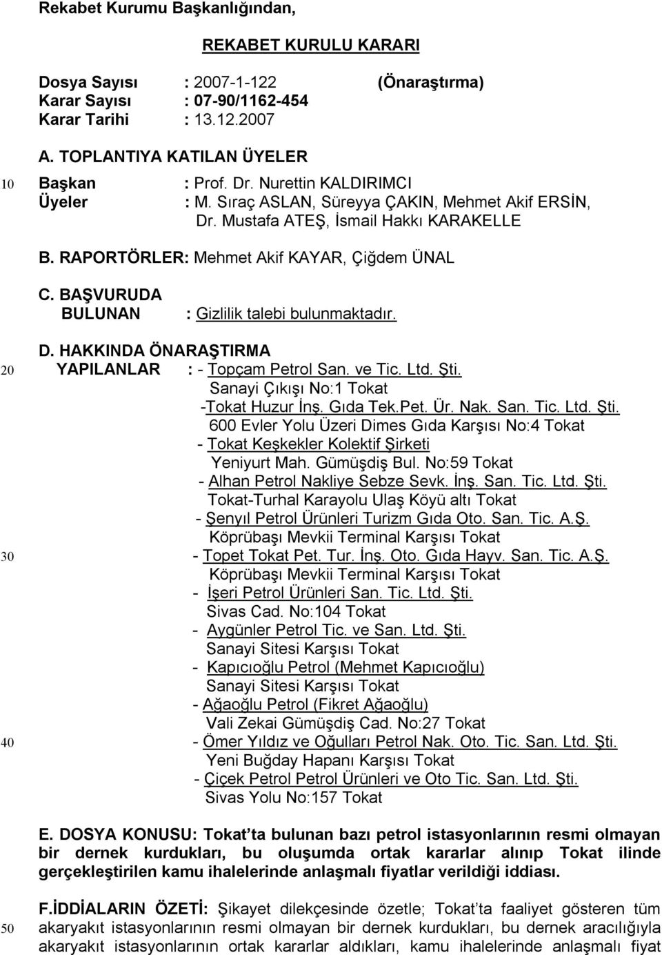 RAPORTÖRLER: Mehmet Akif KAYAR, Çiğdem ÜNAL C. BAŞVURUDA BULUNAN : Gizlilik talebi bulunmaktadır. 20 30 40 D. HAKKINDA ÖNARAŞTIRMA YAPILANLAR : - Topçam Petrol San. ve Tic. Ltd. Şti.