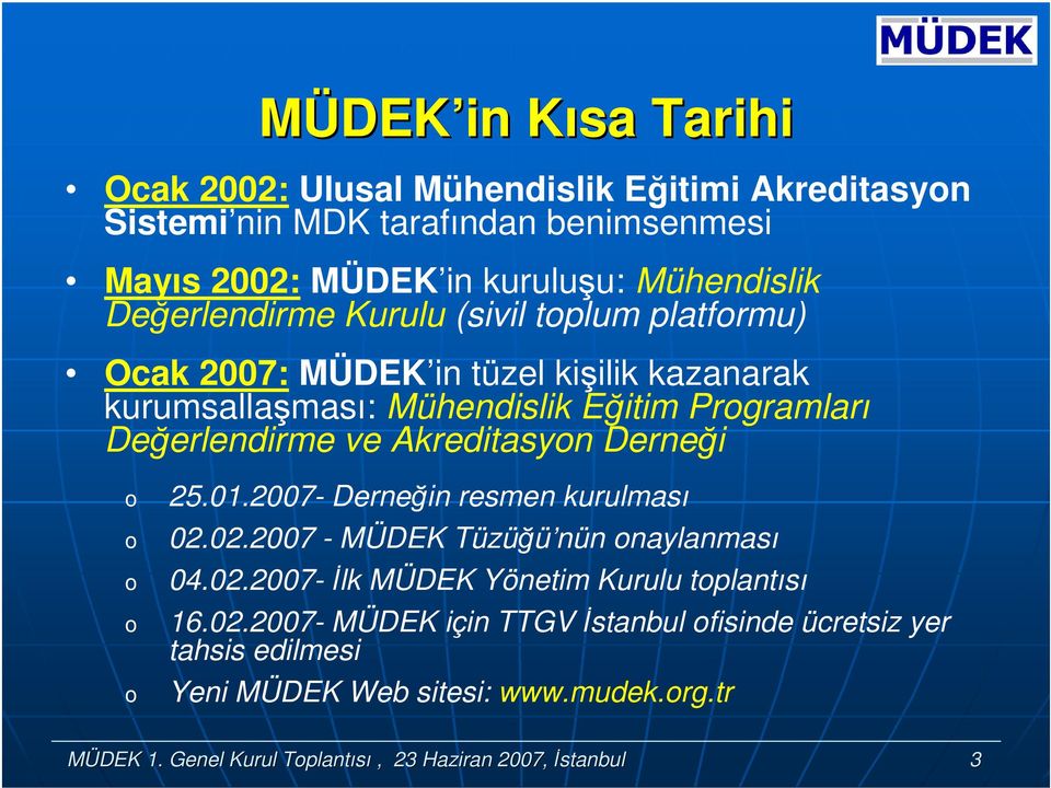 Akreditasyn Derneği 25.01.2007- Derneğin resmen kurulması 02.02.2007 - MÜDEK Tüzüğü nün naylanması 04.02.2007-İlk MÜDEK Yönetim Kurulu tplantısı 16.02.2007- MÜDEK için TTGV İstanbul fisinde ücretsiz yer tahsis edilmesi Yeni MÜDEK Web sitesi: www.