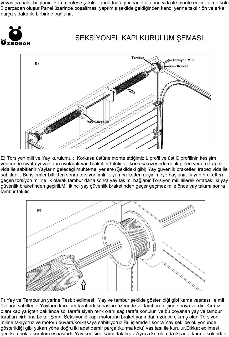 SEKSİYONEL KAPI KURULUM ŞEMASI E) Torsiyon mili ve Yay kurulumu ; Körkasa üstüne monte ettiğimiz L profil ve üst C profilinin kesişim yerlerinde cıvata yuvalarına uyularak yan braketler takılır ve