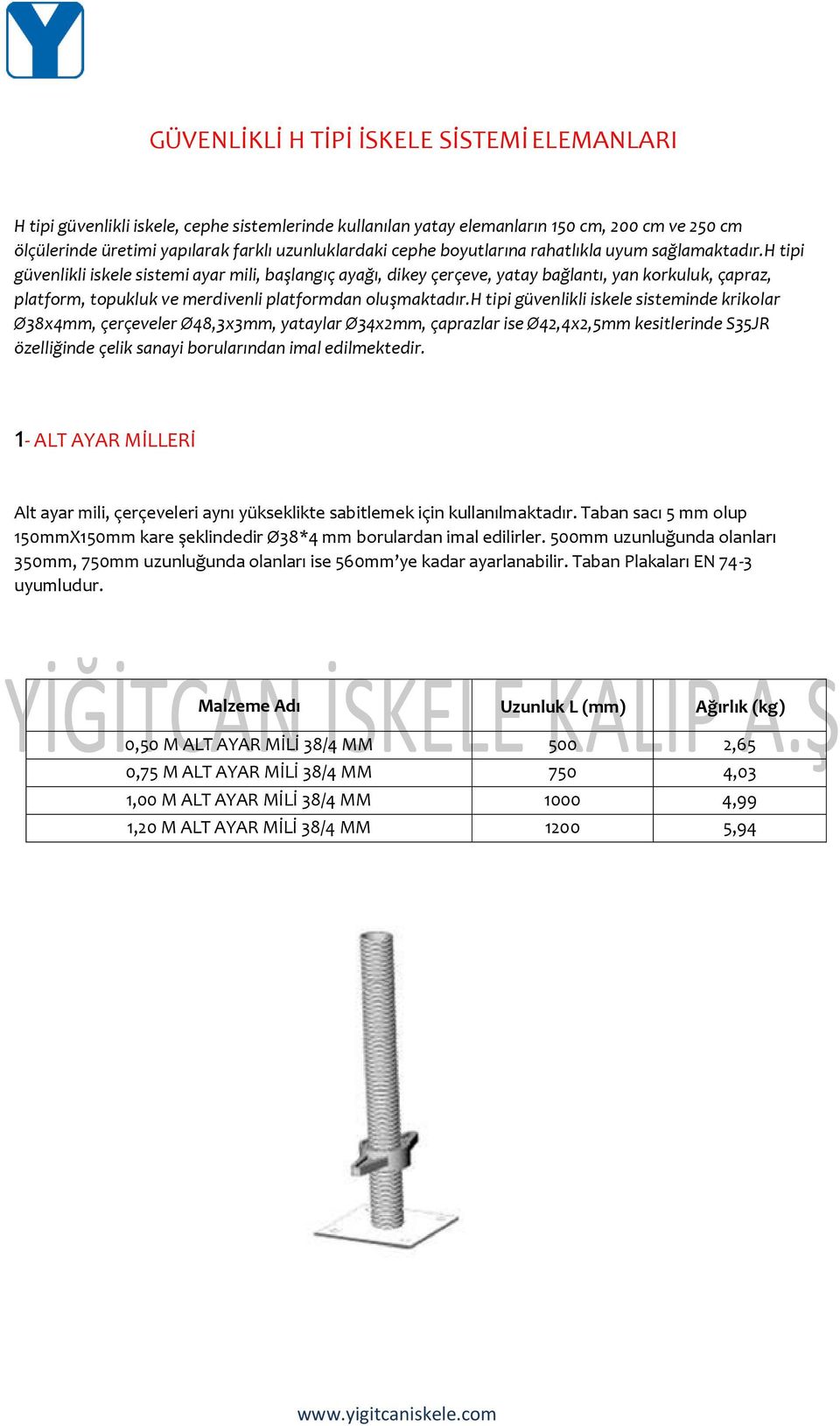 h tipi güvenlikli iskele sistemi ayar mili, başlangıç ayağı, dikey çerçeve, yatay bağlantı, yan korkuluk, çapraz, platform, topukluk ve merdivenli platformdan oluşmaktadır.