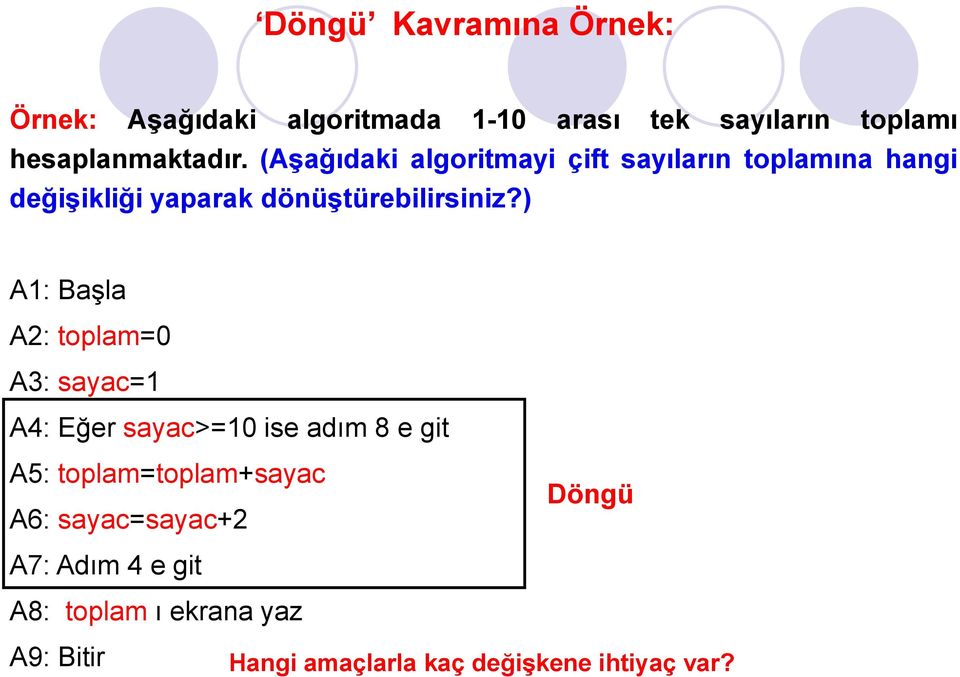 ) A1: Başla A2: toplam=0 A3: sayac=1 A4: Eğer sayac>=10 ise adım 8 e git A5: toplam=toplam+sayac A6: