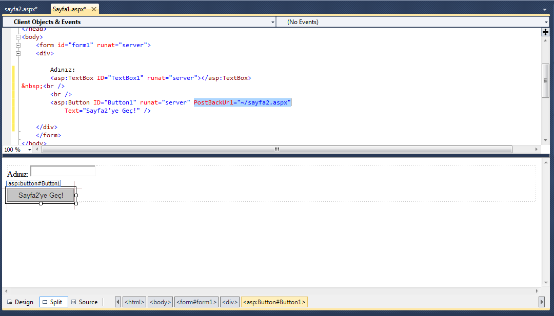 Sayfa1.aspx in HTML kodlarında kontrollerin özellikleri incelendiğinde Buttonun özelliği aşağıdaki kod parçasındaki gibi olacaktır.