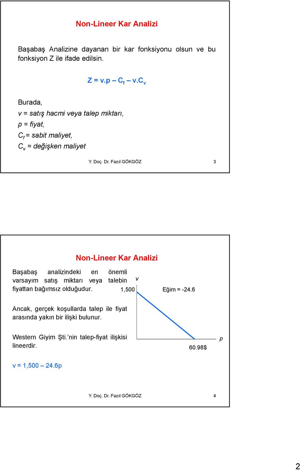Fazıl GÖKGÖZ 3 Non-Lineer Kar Analizi Başabaş analizindeki en önemli varsayım satış miktarı veya talebin v fiyattan bağımsız olduğudur.