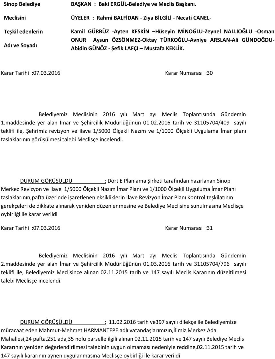 Şefik LAFÇI Mustafa KEKLİK. Karar Tarihi :07.03.2016 Karar Numarası :30 1.maddesinde yer alan İmar ve Şehircilik Müdürlüğünün 01.02.