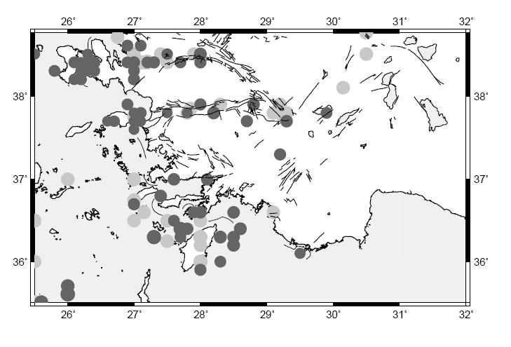 Şekil 20. Güneybatı Anadolu tarihsel dönem deprem dağılımı. İçi dolu koyu gri renkte olan daireler Papazachos and Papazachou (1997) katalogundan 550 MÖ 1900 MÖ depremlerini göstermektgedir.