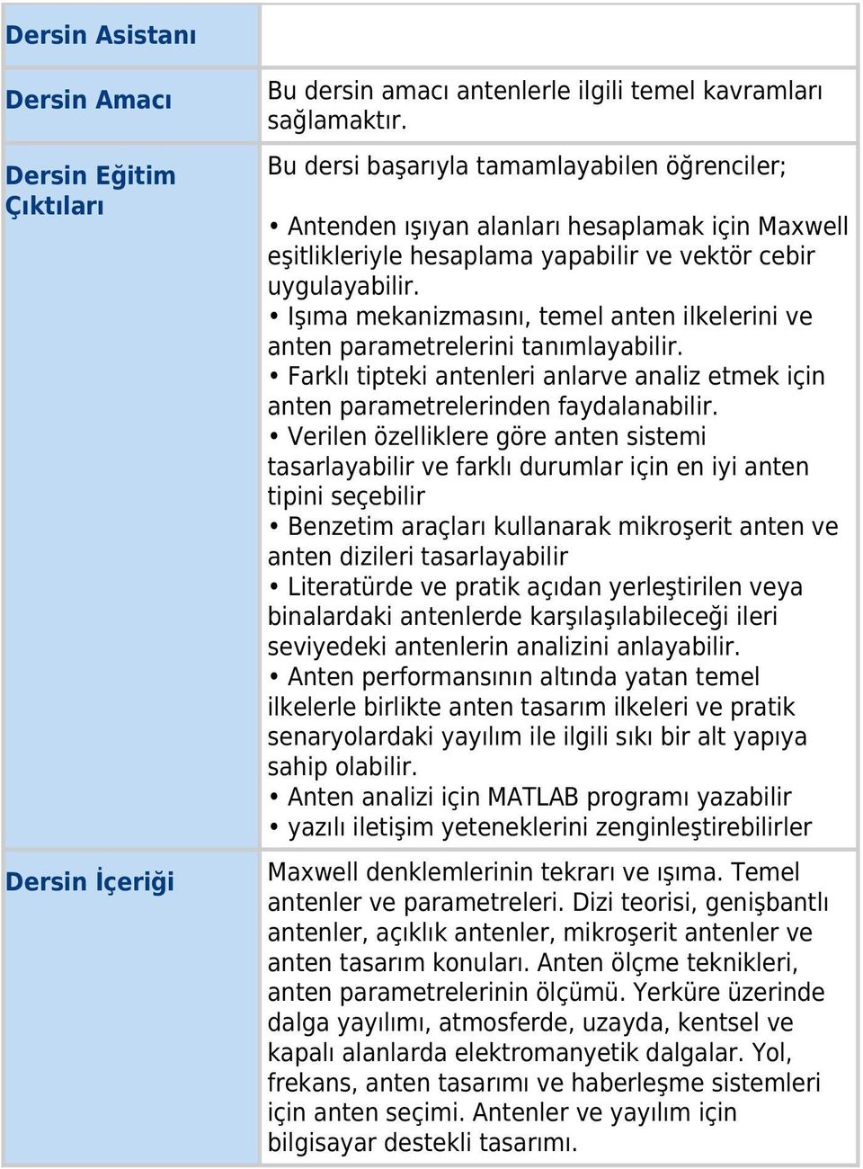 Işıma mekanizmasını, temel anten ilkelerini ve anten parametrelerini tanımlayabilir. Farklı tipteki antenleri anlarve analiz etmek için anten parametrelerinden faydalanabilir.