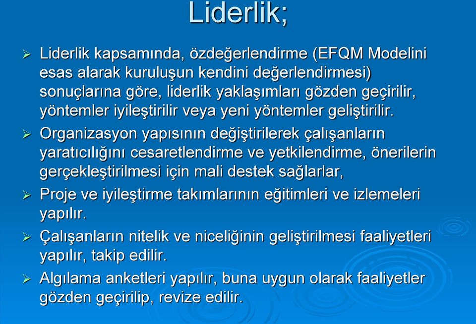 Organizasyon yapısının değiştirilerek çalışanların yaratıcılığını cesaretlendirme ve yetkilendirme, önerilerin gerçekleştirilmesi için mali destek