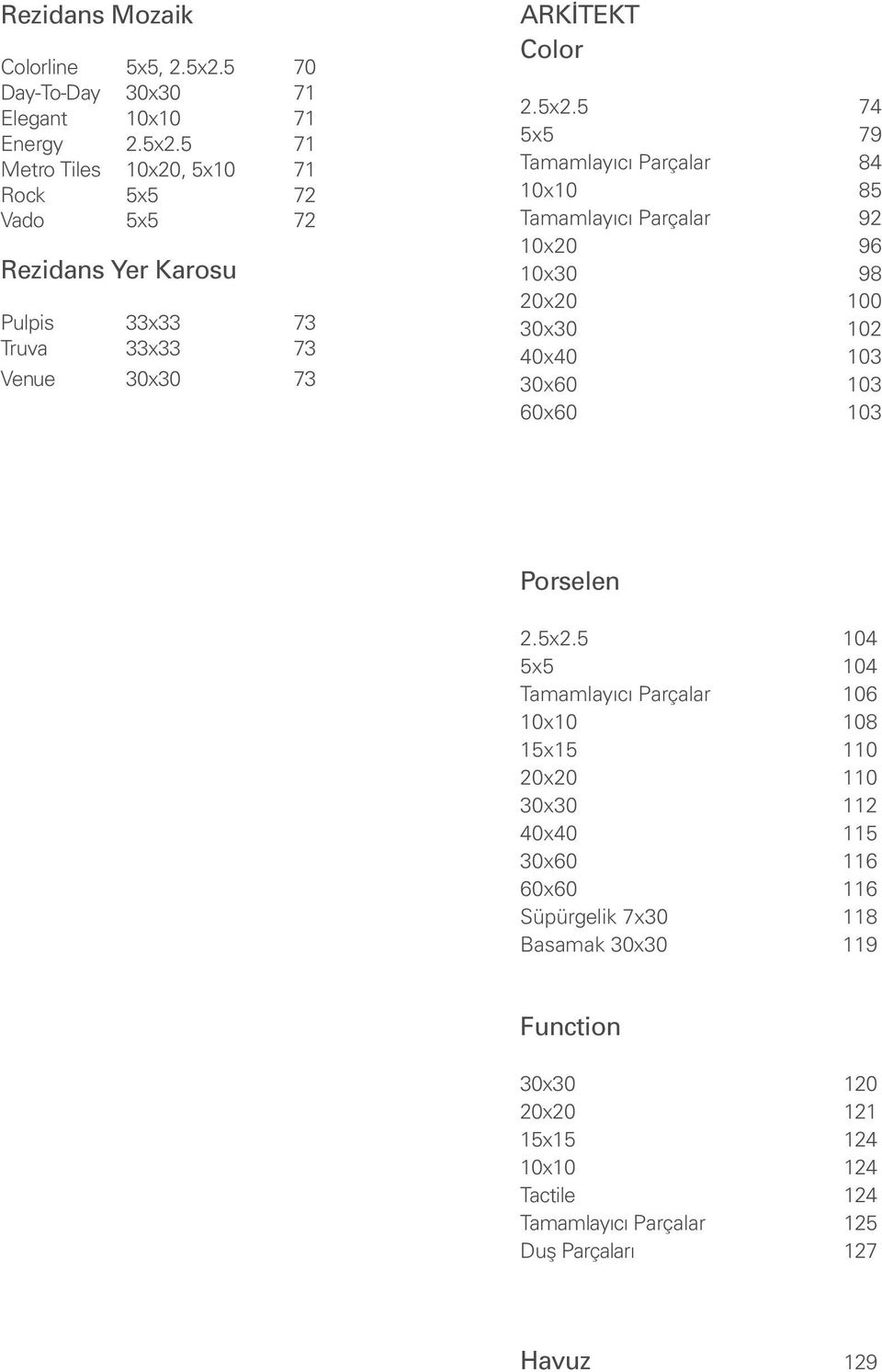 5 71 Metro Tiles 10x20, 5x10 71 Rock 5x5 72 Vado 5x5 72 Rezidans Yer Karosu Pulpis 33x33 73 Truva 33x33 73 Venue 30x30 73 ARKİTEKT Color 2.5x2.
