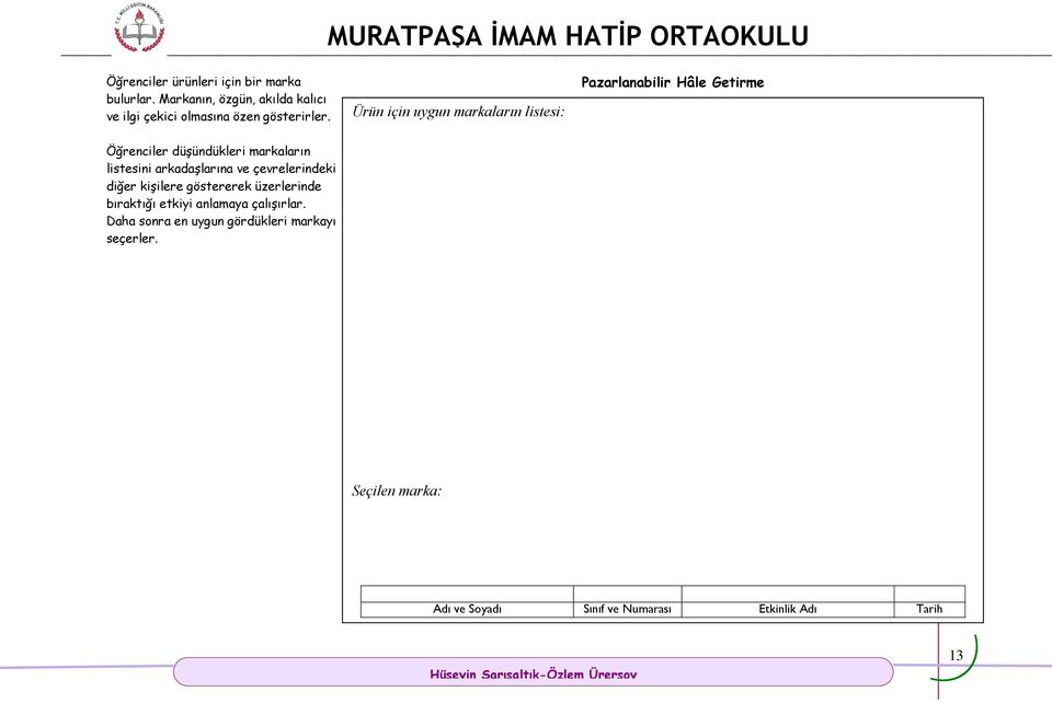 Ürün için uygun markaların listesi: Pazarlanabilir Hâle Getirme Öğrenciler düşündükleri markaların