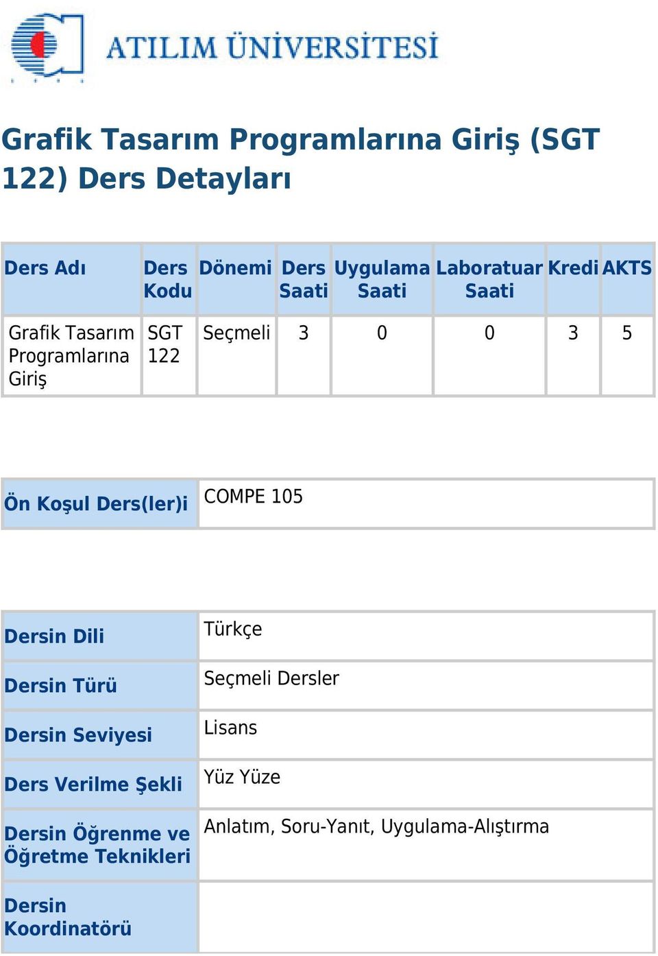 Ders(ler)i COMPE 105 Dersin Dili Dersin Türü Dersin Seviyesi Ders Verilme Şekli Dersin Öğrenme ve Öğretme