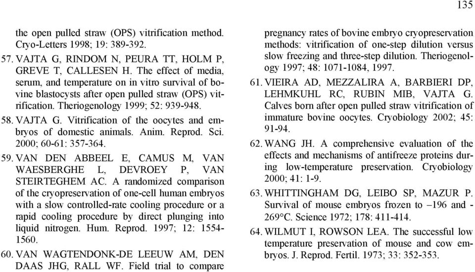 Vitrification of the oocytes and embryos of domestic animals. Anim. Reprod. Sci. 2000; 60-61: 357-364. 59. VAN DEN ABBEEL E, CAMUS M, VAN WAESBERGHE L, DEVROEY P, VAN STEIRTEGHEM AC.